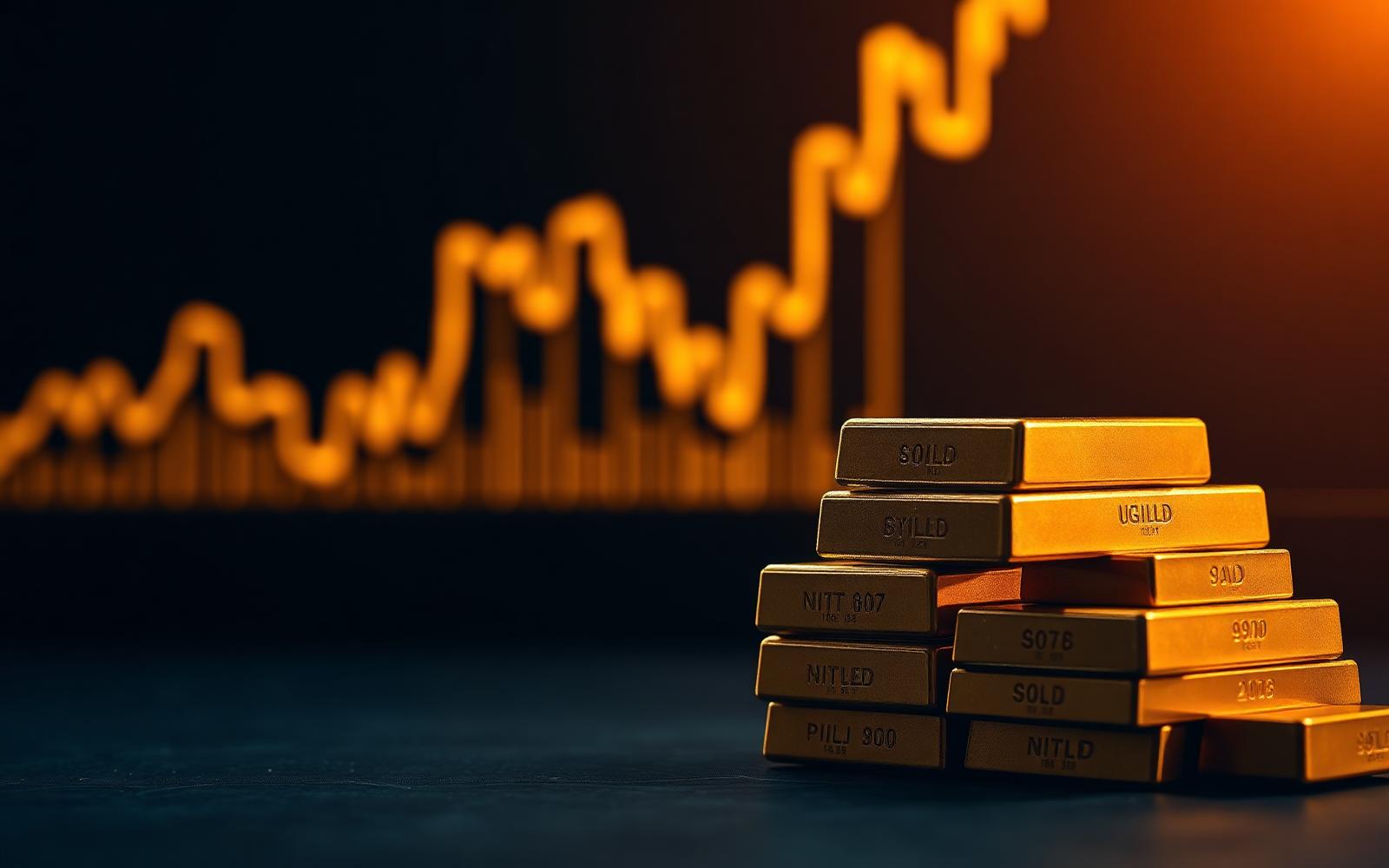 Gold bullion bars with a rising market chart